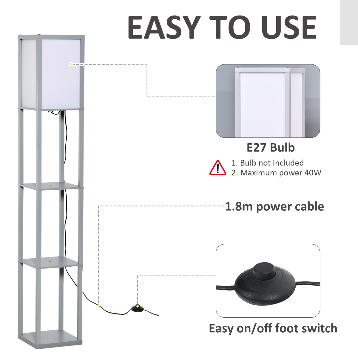 4-Tier Floor Lamp, Floor Light with Storage Shelf, Grey 3-Tier HOMCOM