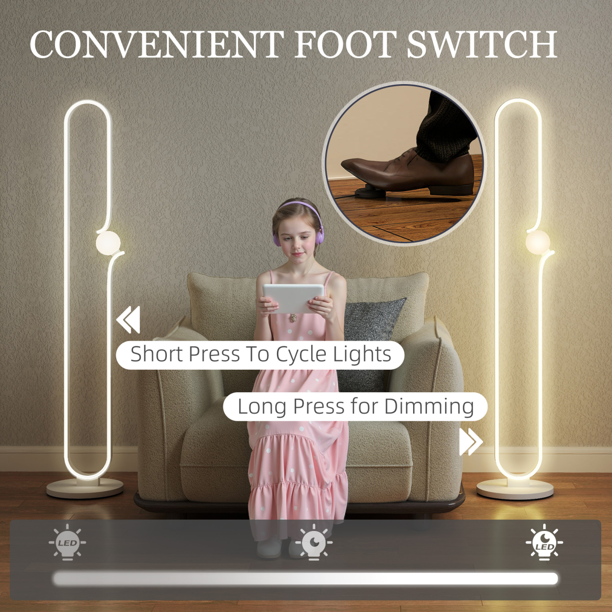 HOMCOM Dimmable LED Floor Lamp with Glass Night Light, Foot Switch, White HOMCOM