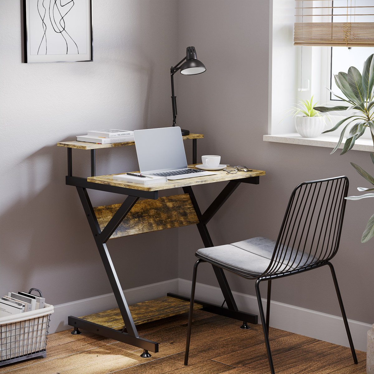 Computer Desk with Monitor Shelf and Storage, R Shaped Brown HOMCOM