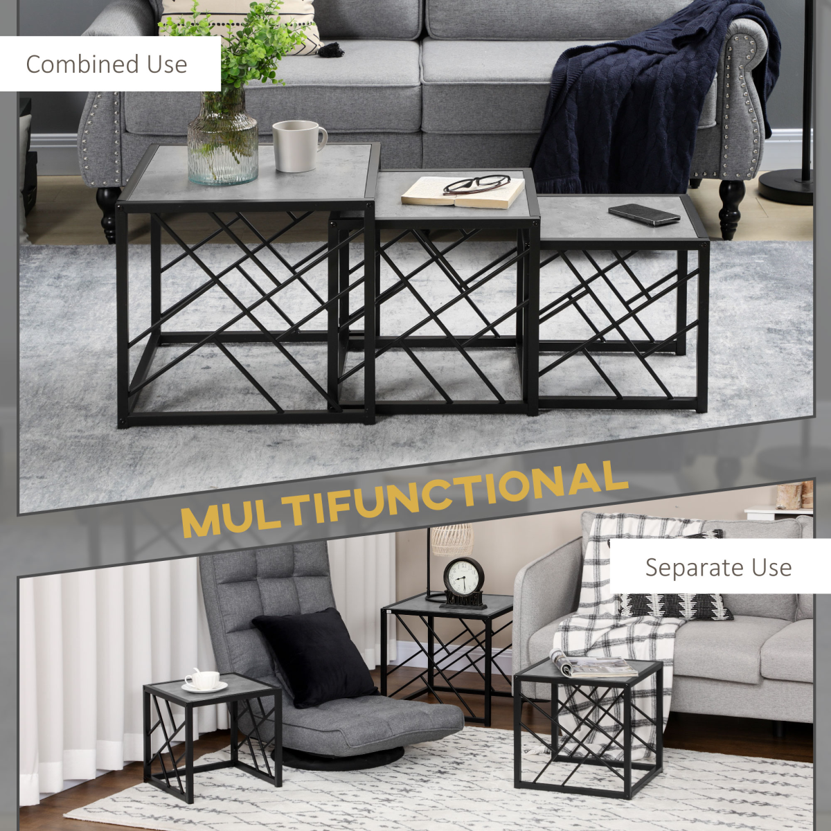 HOMCOM Set of 3 Nesting Coffee Tables Square End Tables w/ Metal Frame, Grey Unbranded