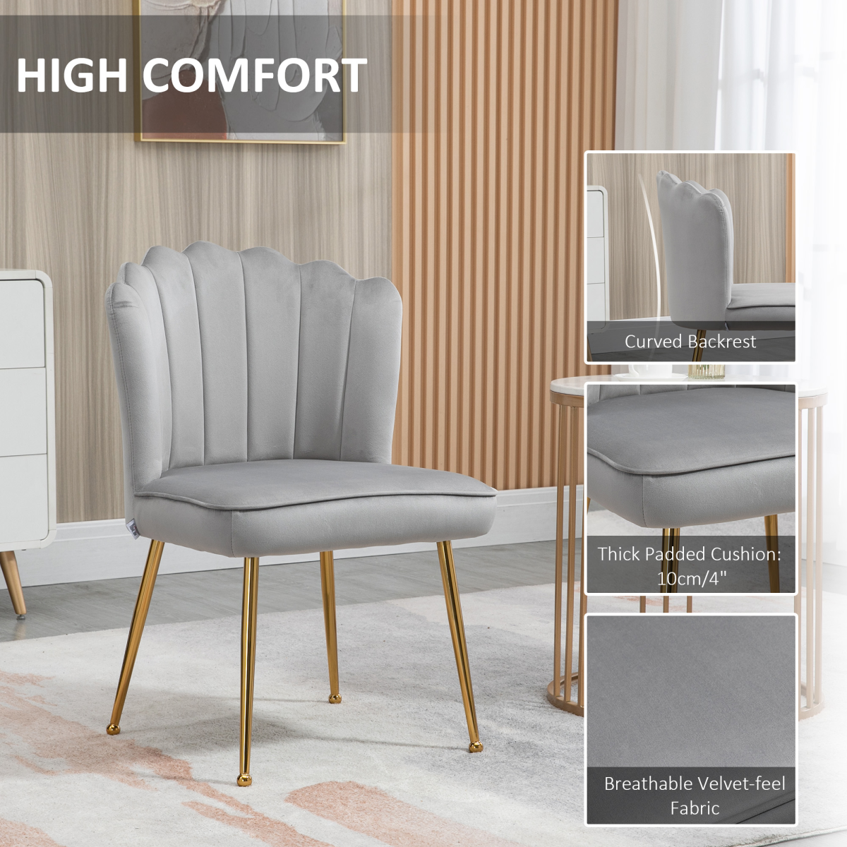 Velvet-Feel Shell Luxe Accent Chair Home Bedroom Lounge Metal Legs Grey Homcom