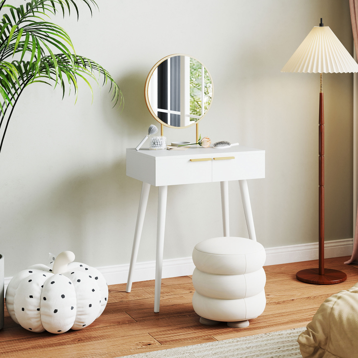 HOMCOM Modern Dressing Table w/ 2 Drawers Round Mirror for Bedroom White HOMCOM
