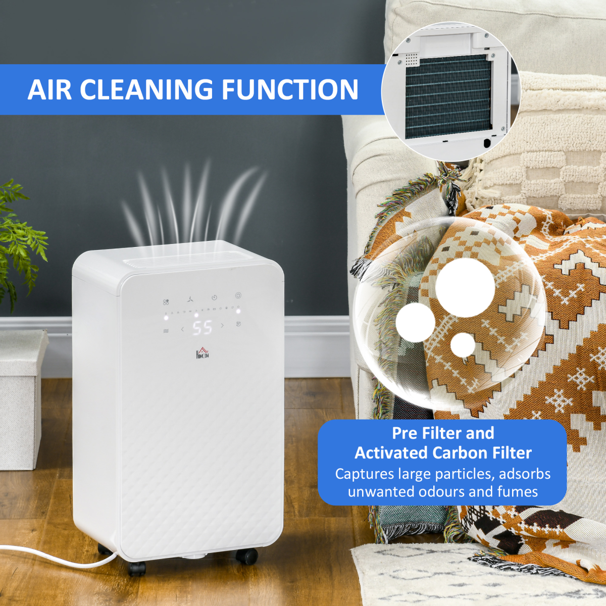 HOMCOM 10L/Day Protable Quiet Air Dehumidifier with Purifier, Timer, 5 Modes HOMCOM