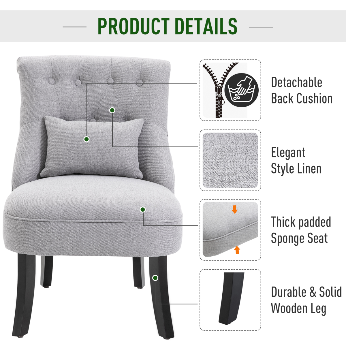 Fabric Single Sofa Dining Chair Upholstered W/ Pillow Solid Wood Leg Living Room HOMCOM