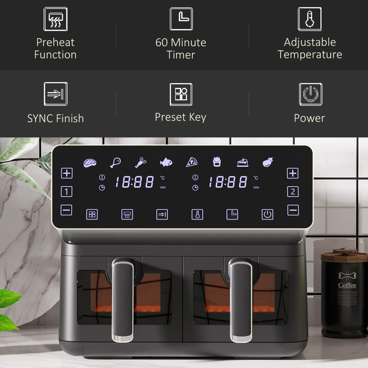 Dual Air Fryer 8L Family Size w/ 2 Basket 8 Presets Cookbook Timer 2500W HOMCOM