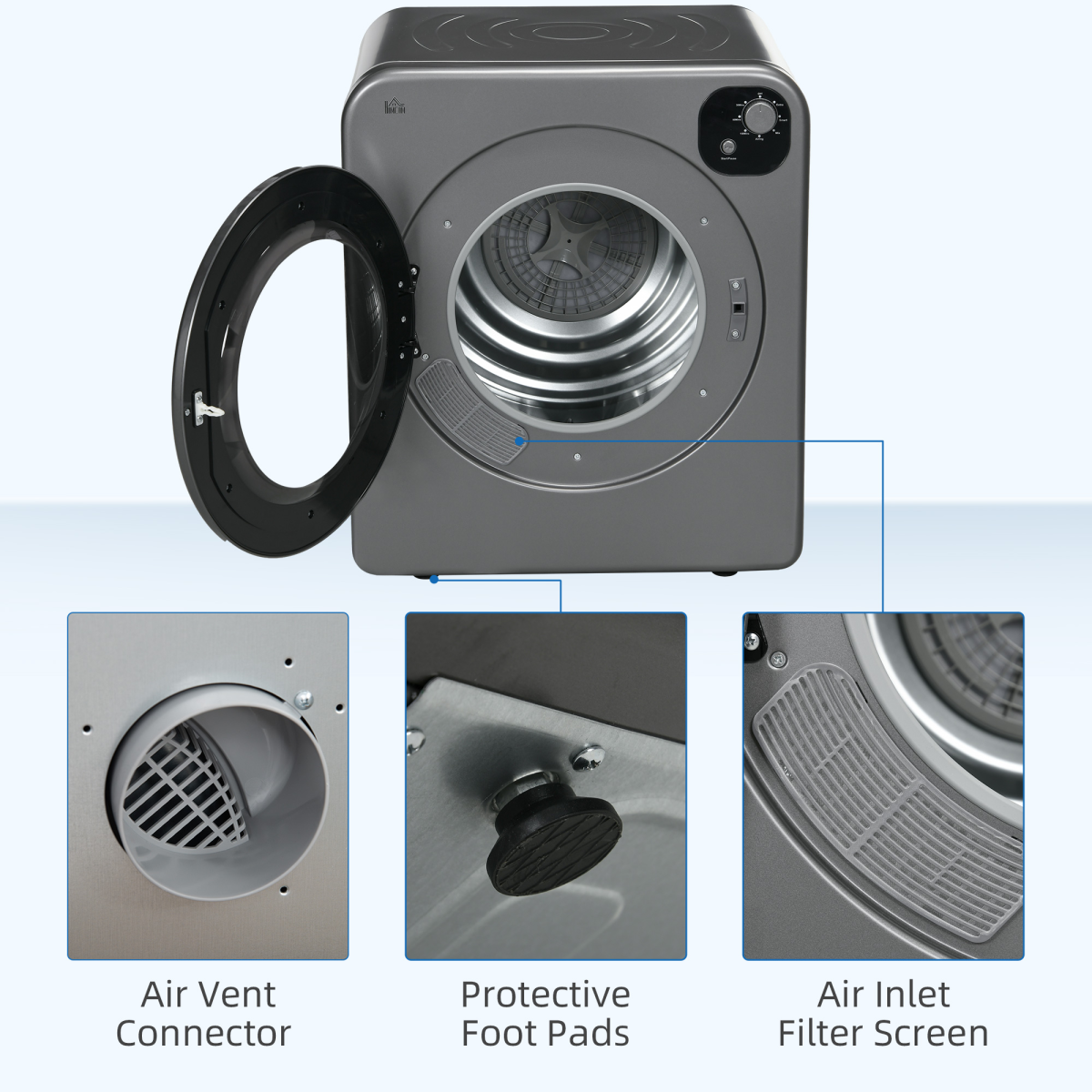 HOMCOM 6kg Vented Tumble Dryer with 7 Dry Programmers for Small Spaces Grey HOMCOM