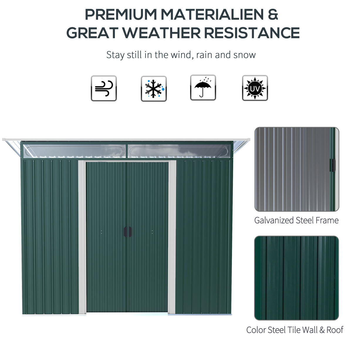 Pent Roofed Metal Shed Foundation Vent 260x133x200cm Sliding Door Green Outsunny