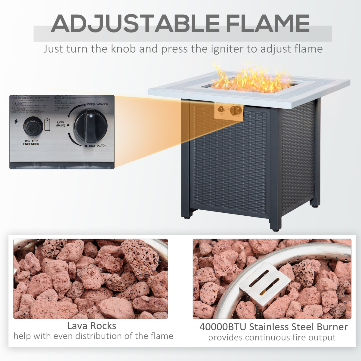 Square Propane Gas Fire Pit Table Rattan Smokeless Heater with Lava Rocks & Lid Outsunny