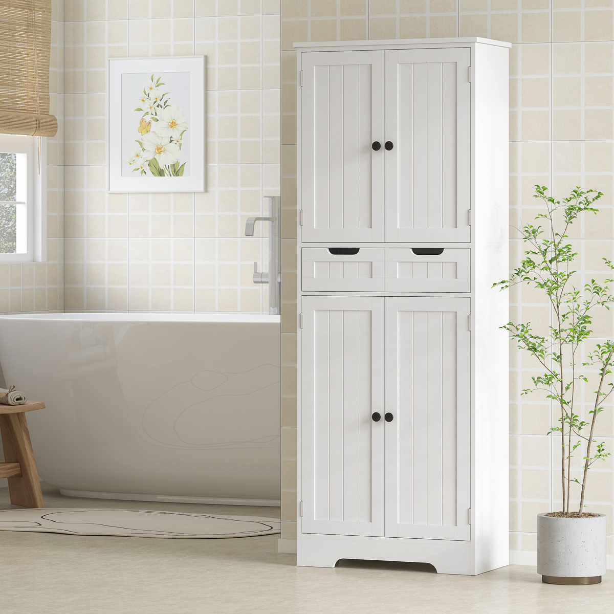 HOMCOM Bathroom Tall Cabinet with Drawer, Adjustable Shelf and Doors, White HOMCOM