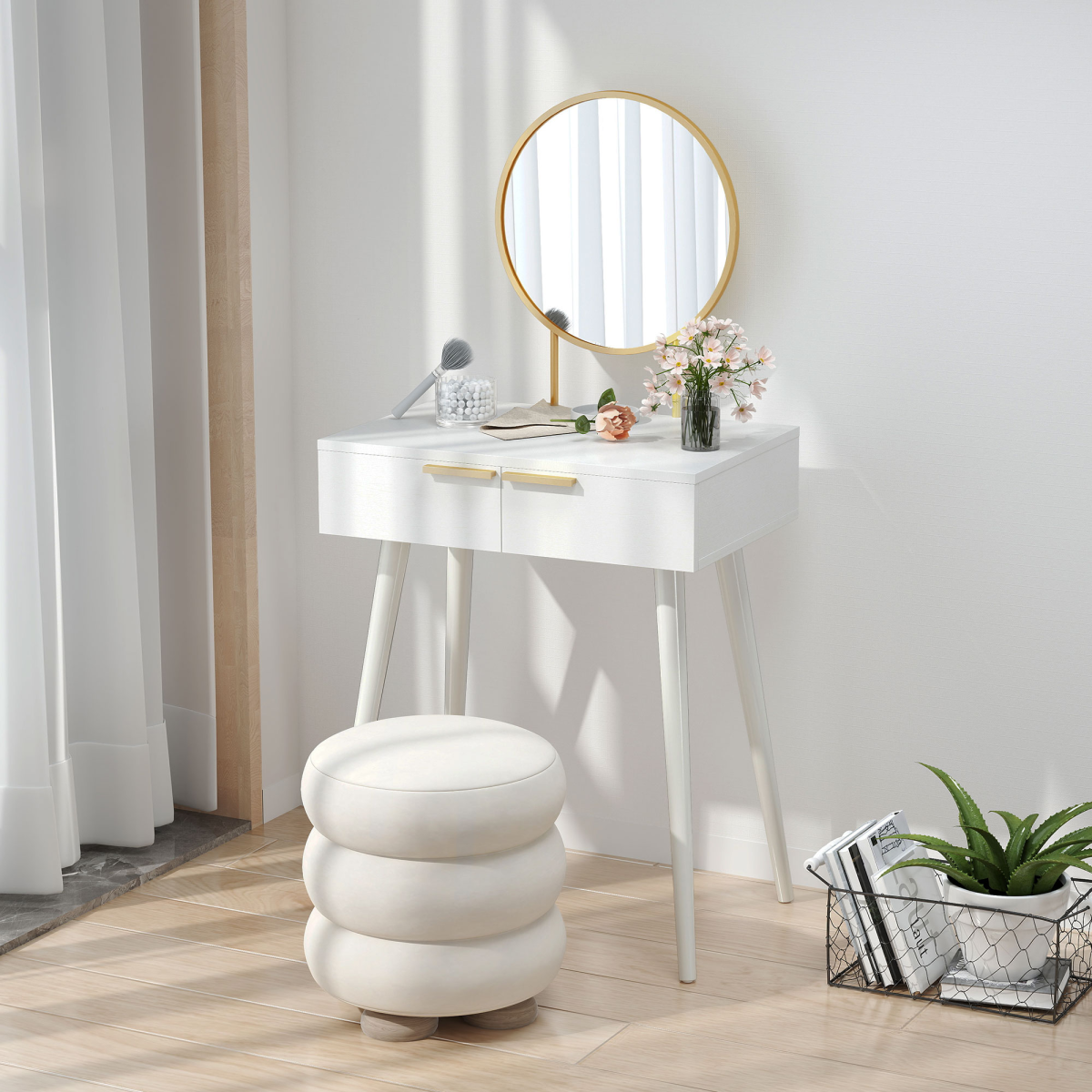 HOMCOM Modern Dressing Table w/ 2 Drawers Round Mirror for Bedroom White HOMCOM