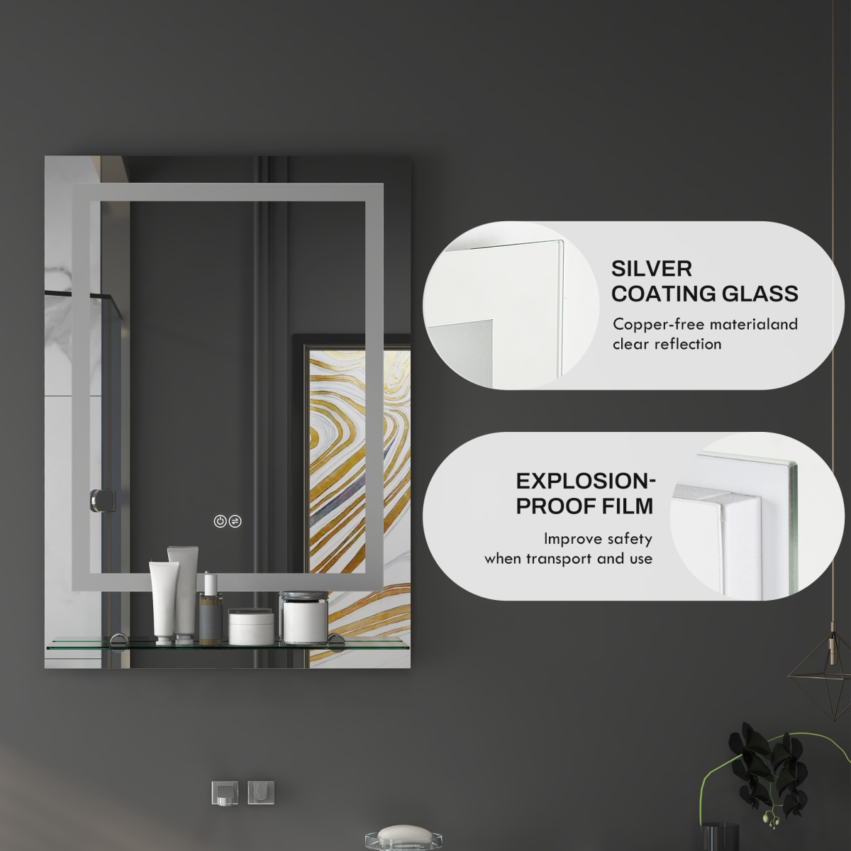 kleankin Dimmable Bathroom Mirror with LED Lights, 3 Colours, Defogging Film kleankin