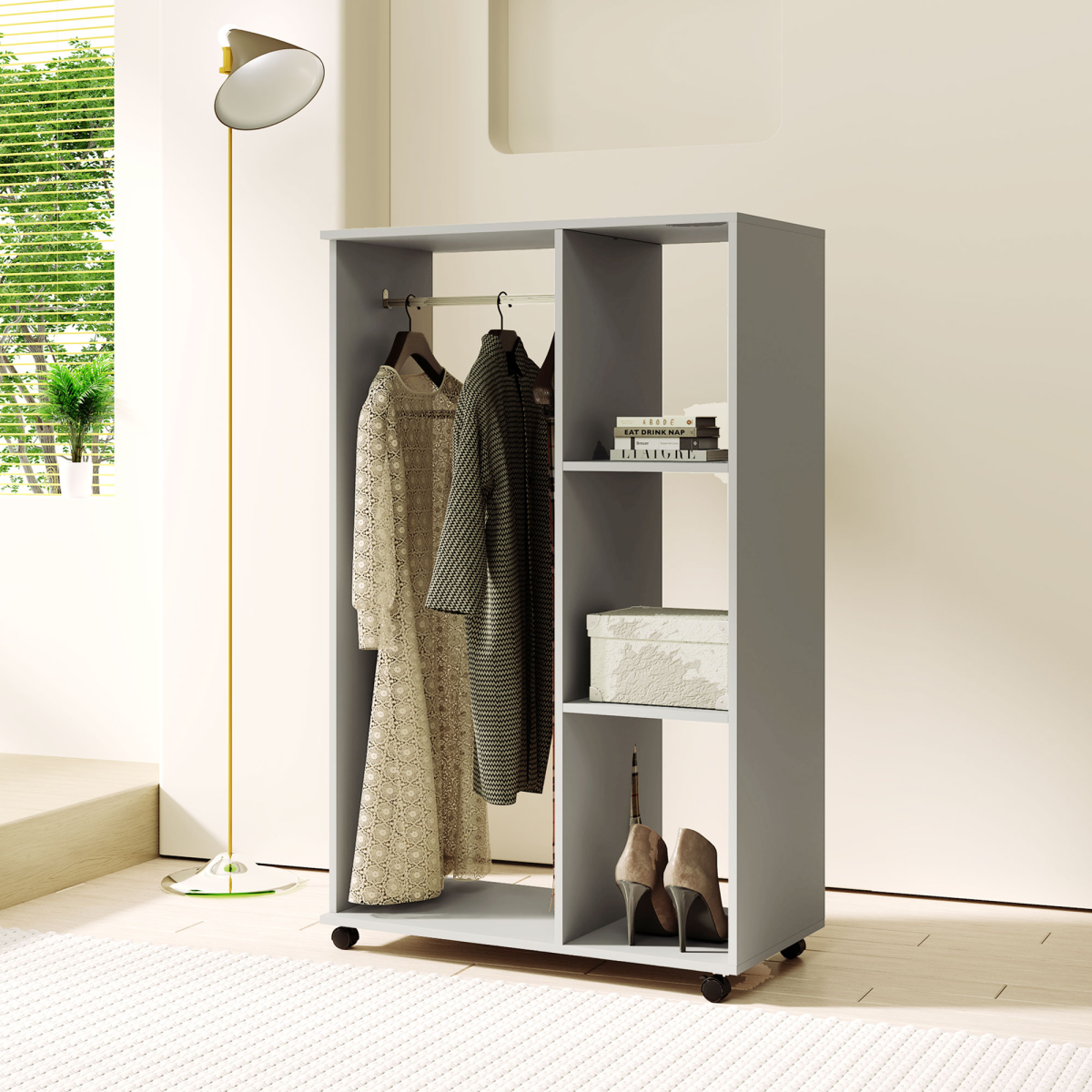 HOMCOM Rolling Open Wardrobe Hanging Rail Storage Shelves for Clothes, Grey HOMCOM