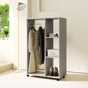 HOMCOM Rolling Open Wardrobe Hanging Rail Storage Shelves for Clothes, Grey HOMCOM