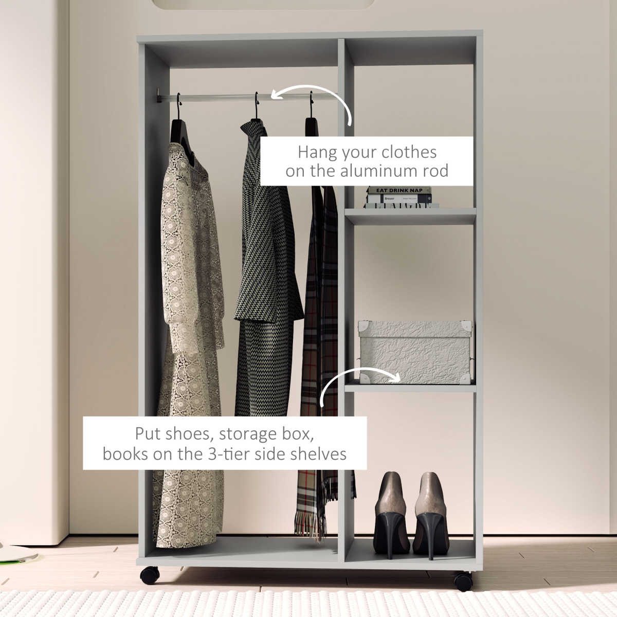HOMCOM Rolling Open Wardrobe Hanging Rail Storage Shelves for Clothes, Grey HOMCOM