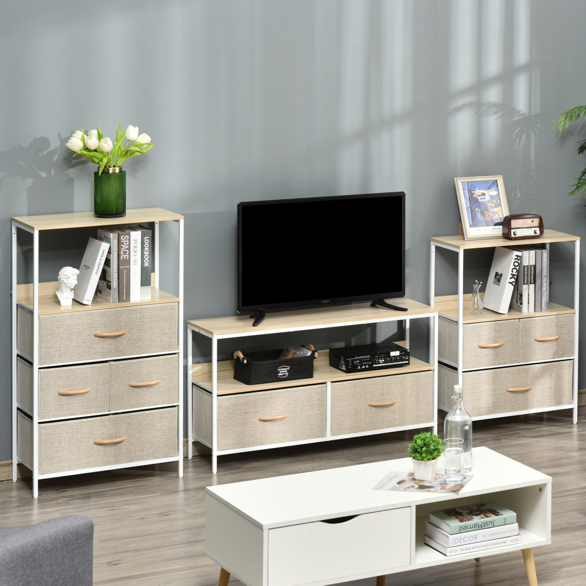 HOMCOM TV Cabinet, TV Console Unit with 2 Foldable Linen Drawers Maple Colour Unbranded