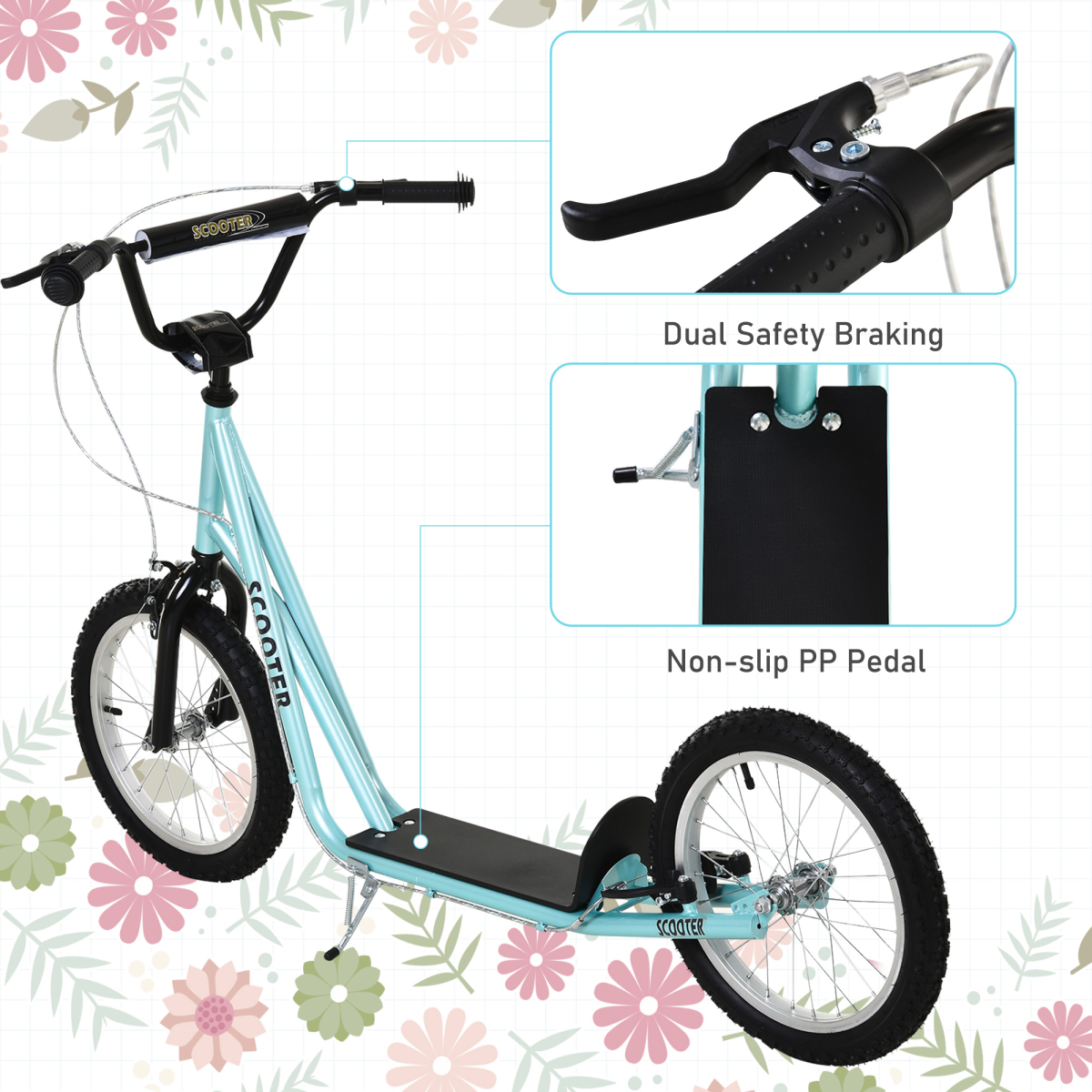 HOMCOM 90-96cm Kids Kick Scooter Adjustable Handlebar Inflatable Wheels Blue HOMCOM
