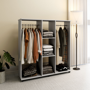 HOMCOM Mobile Double Open Wardrobe w/ Clothes Hanging Rail Clothing Grey HOMCOM