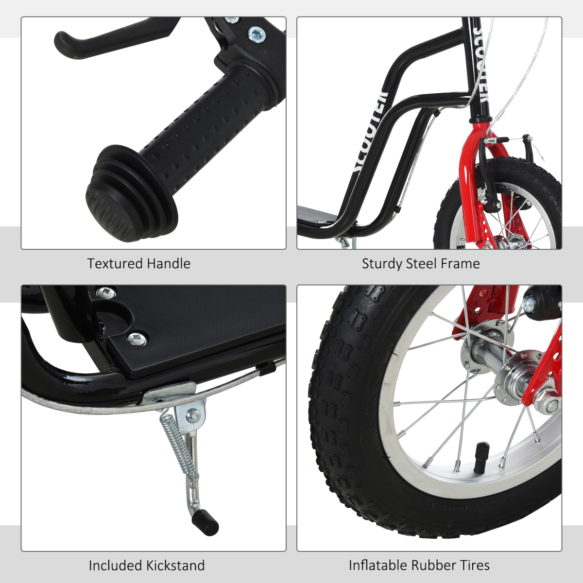 HOMCOM 75-80cm Kids Kick Scooter Adjustable Handlebar Inflatable Wheels Black Unbranded