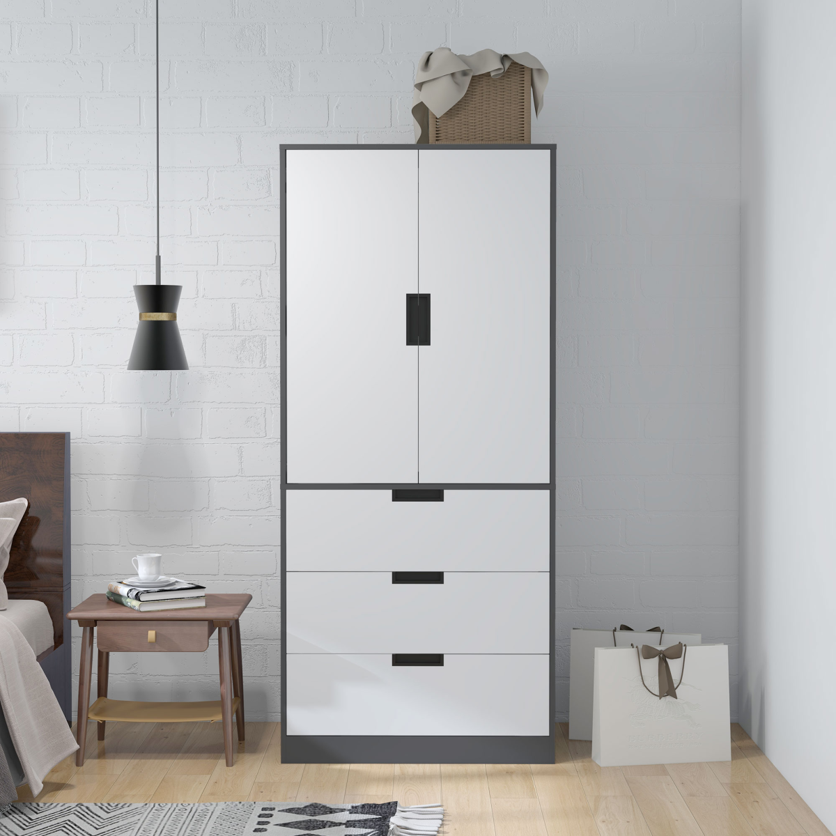 HOMCOM 2 Door Wardrobe Grey Wardrobe with 3 Drawer and Hanging Rod for Bedroom HOMCOM