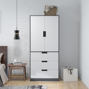 HOMCOM 2 Door Wardrobe Grey Wardrobe with 3 Drawer and Hanging Rod for Bedroom HOMCOM
