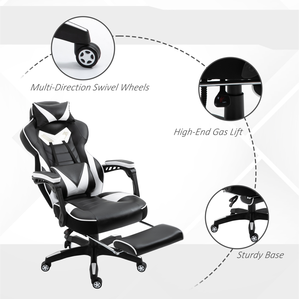 Gaming Chair Ergonomic Reclining w/ Manual Footrest Wheels Stylish Office White Unbranded