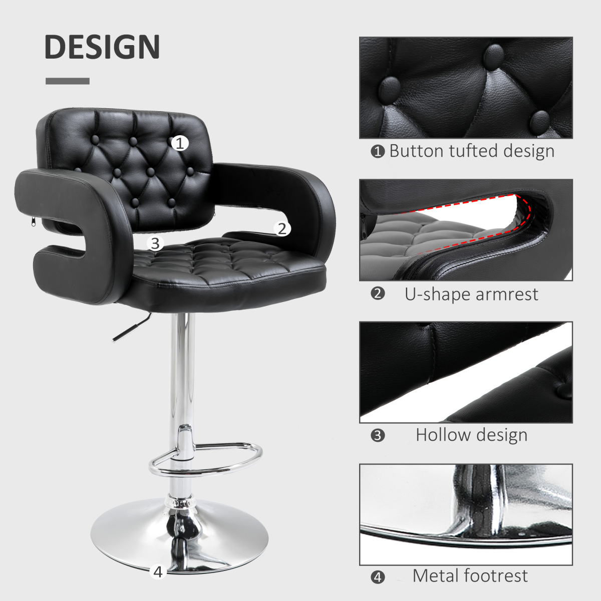 HOMCOM Adjustable Height Barstool Steel Pole PU Leather Bistro Home Kitchen HOMCOM