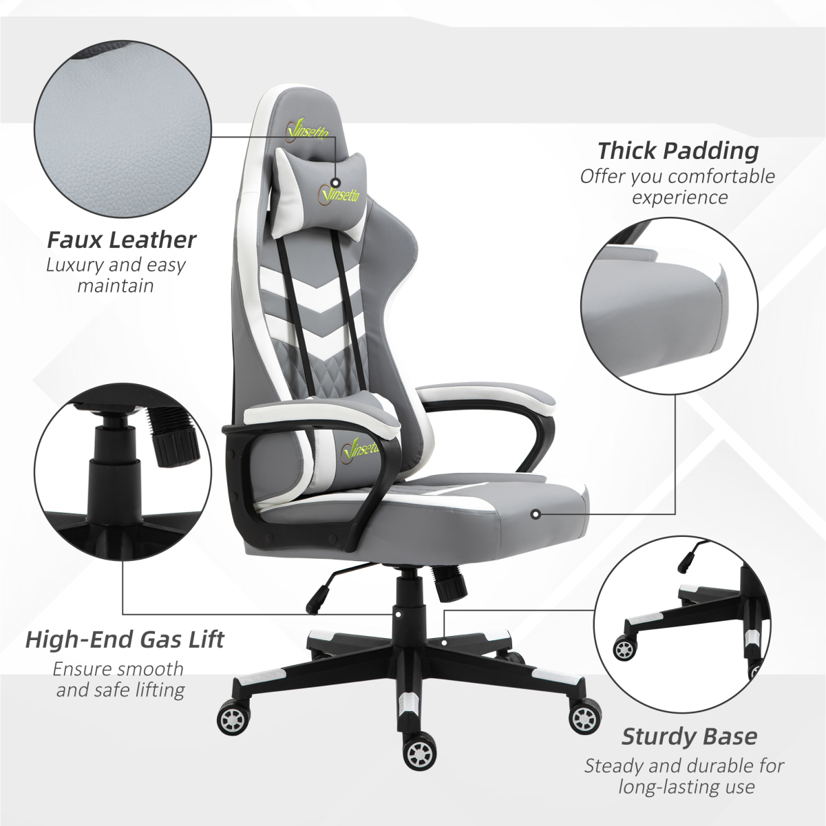 Racing Gaming Chair w/ Lumbar Support, Headrest, Gamer Office Chair, Grey White Unbranded