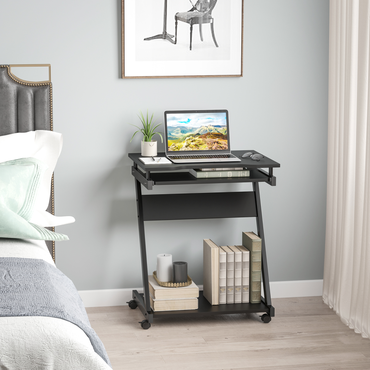 Movable Computer Desk with 4 Moving Wheels Sliding Keyboard Tray Black Unbranded