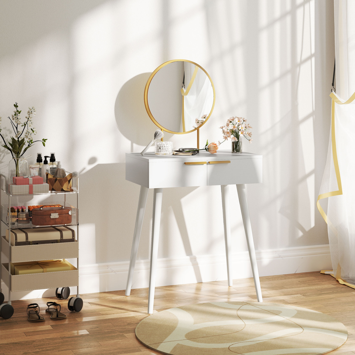 HOMCOM Modern Dressing Table w/ 2 Drawers Round Mirror for Bedroom White HOMCOM