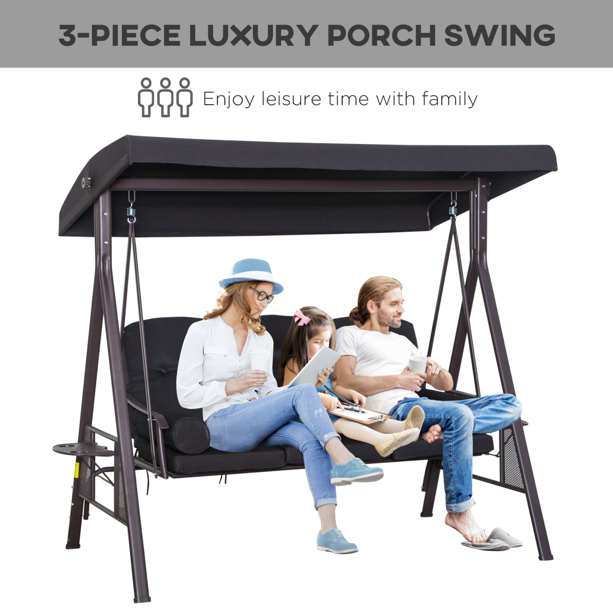 Outsunny 3 Seater Garden Swing Chair Patio Swing Bench w/ Cup Trays Black Outsunny
