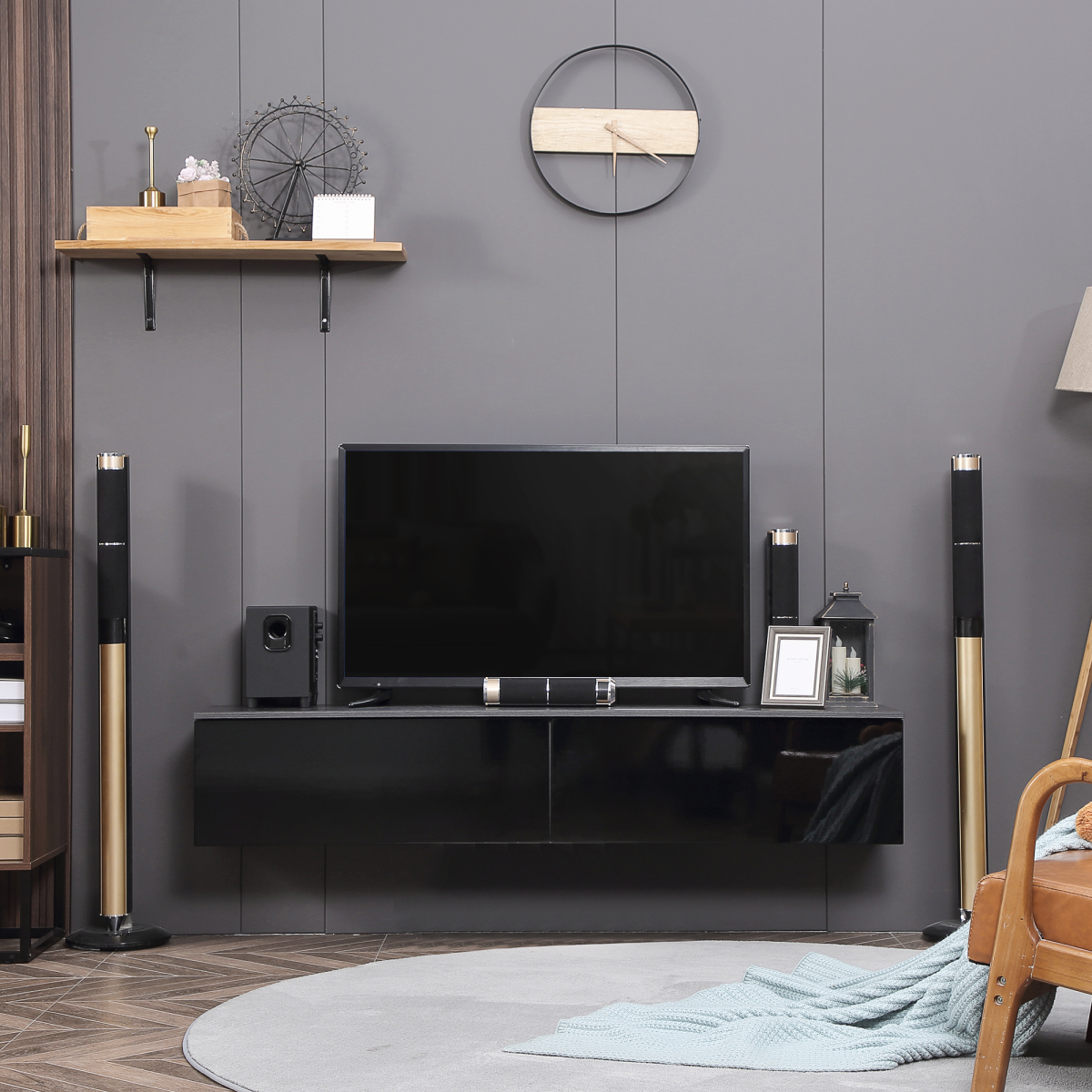 Floating TV Unit Stand, Wall Mount Media Console with Storage Cupboards Unbranded