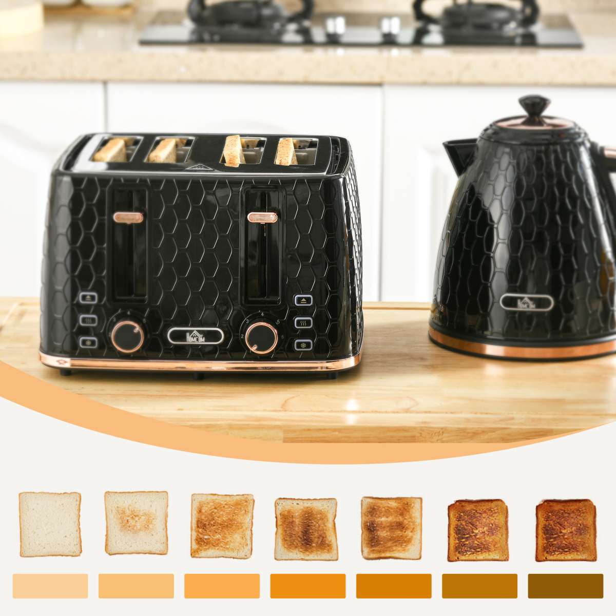 HOMCOM 1.7L Kettle and Toaster Set with Defrost, Reheat and Crumb Tray, Black HOMCOM