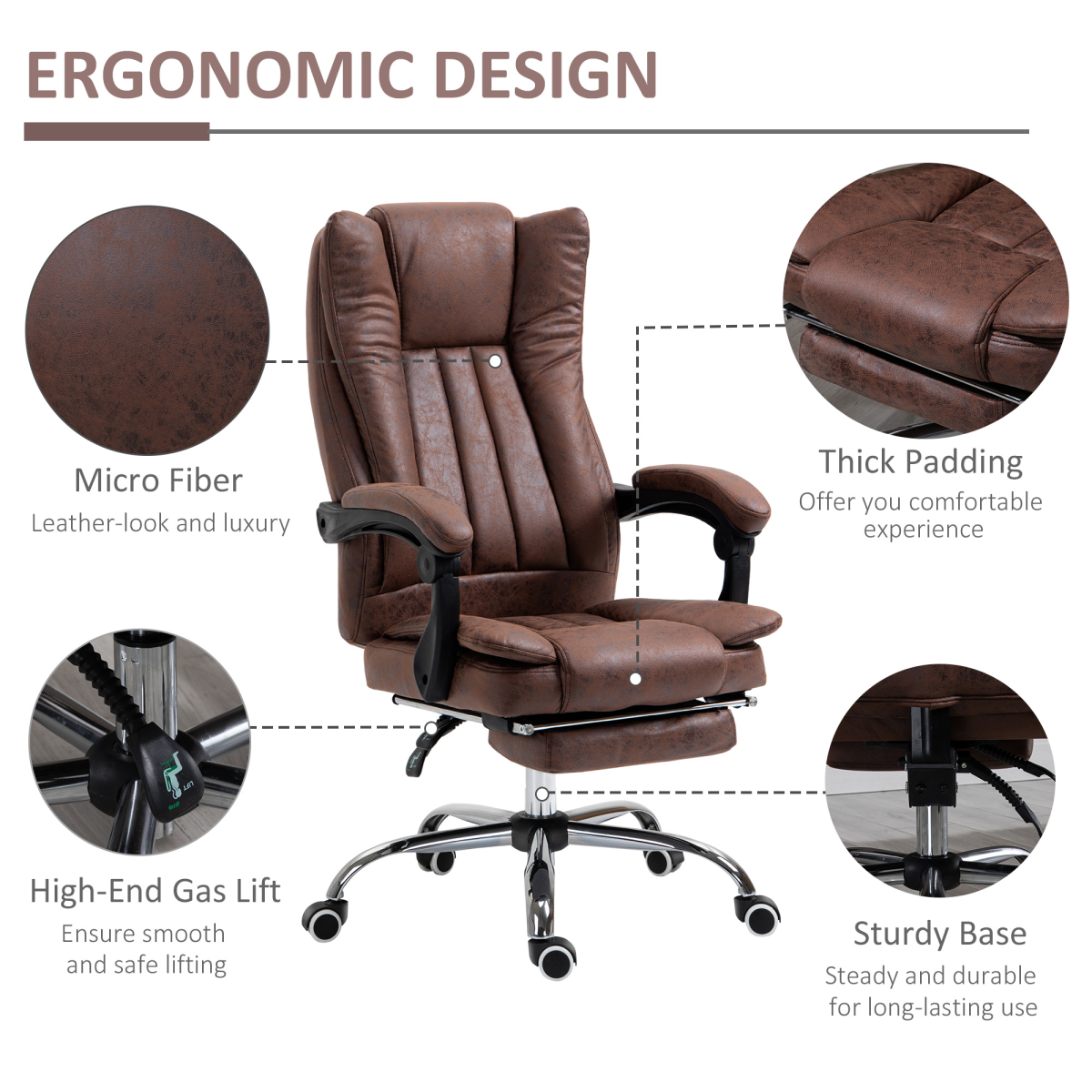 Executive Office Chair Computer Swivel Chair for Home with Arm, Footrest, Brown Vinsetto