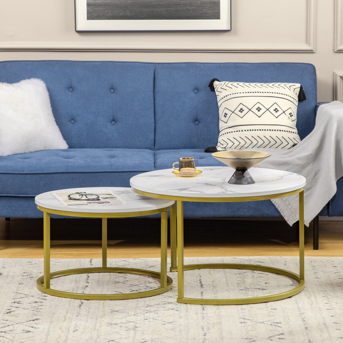 HOMCOM Marble Coffee Table Set of 2, Round Nest of Tables for Living Room HOMCOM