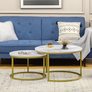 HOMCOM Marble Coffee Table Set of 2, Round Nest of Tables for Living Room HOMCOM