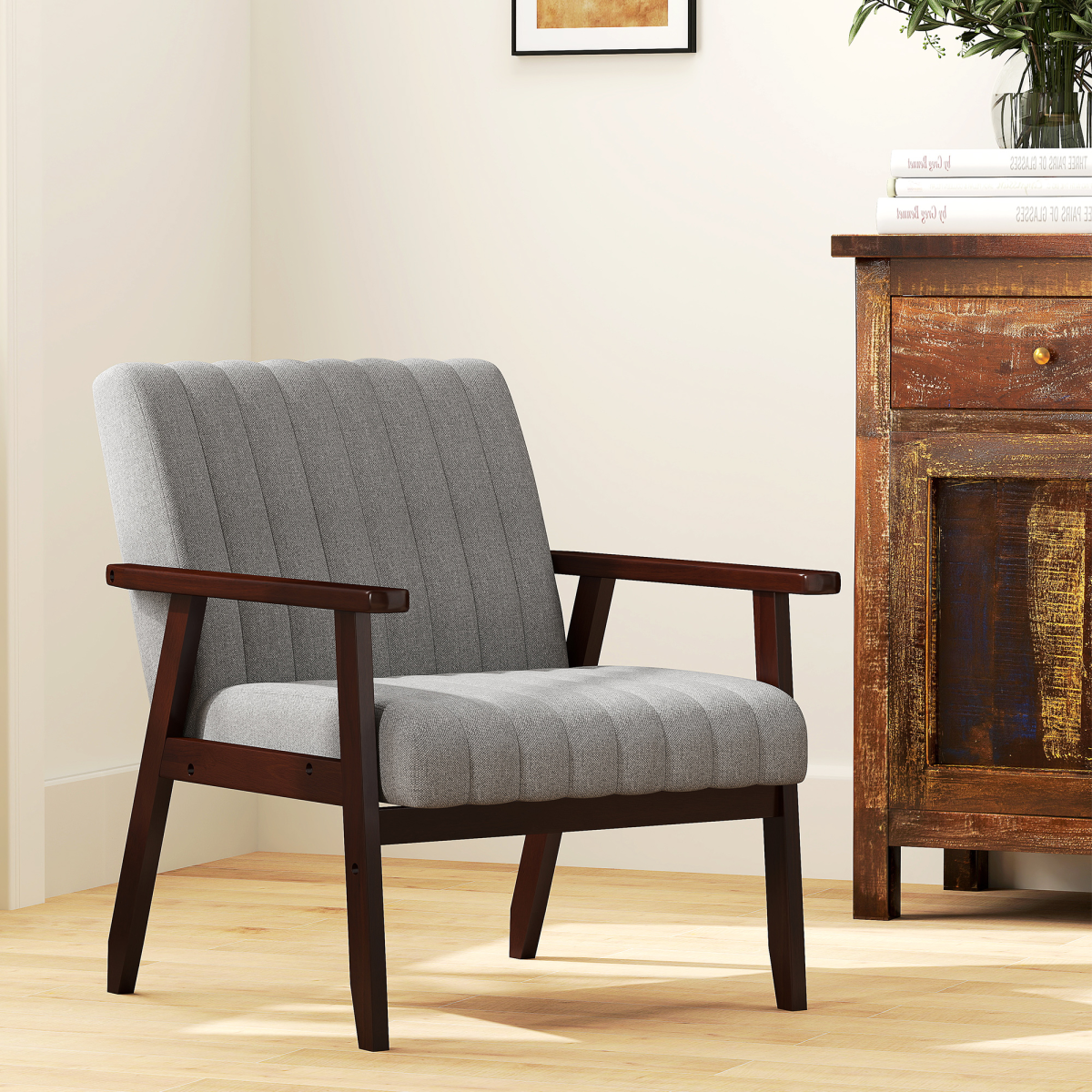 HOMCOM Modern Accent Chair Upholstered Armchair for Bedroom Living Room Grey HOMCOM