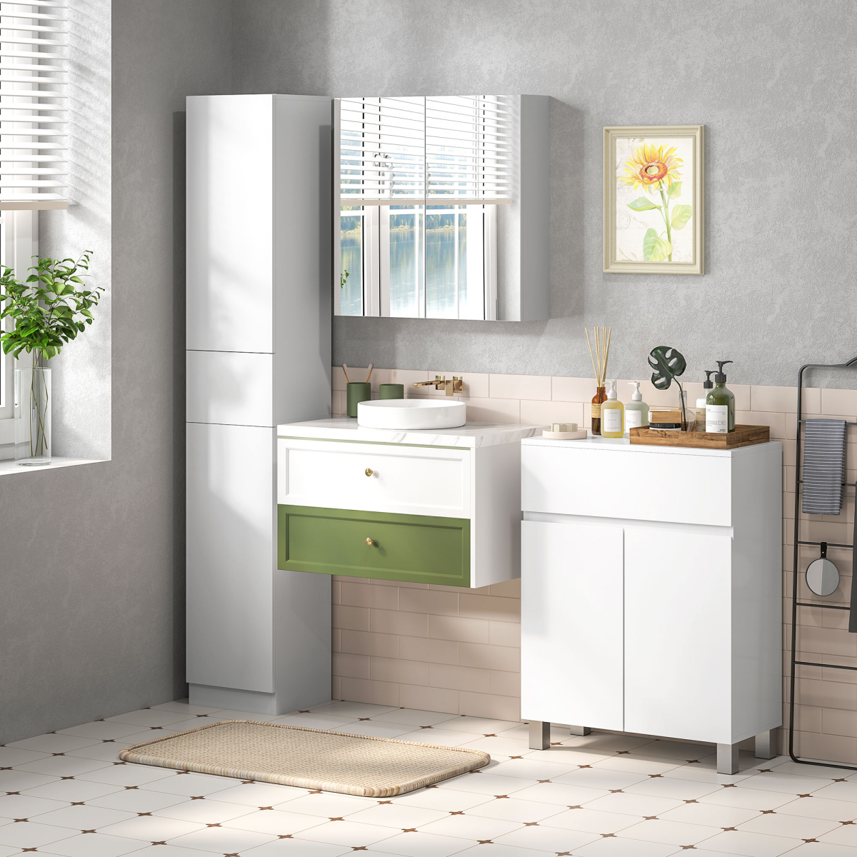 kleankin High Gloss Tall Bathroom Cabinet with Adjustable Shelves White Kleakin