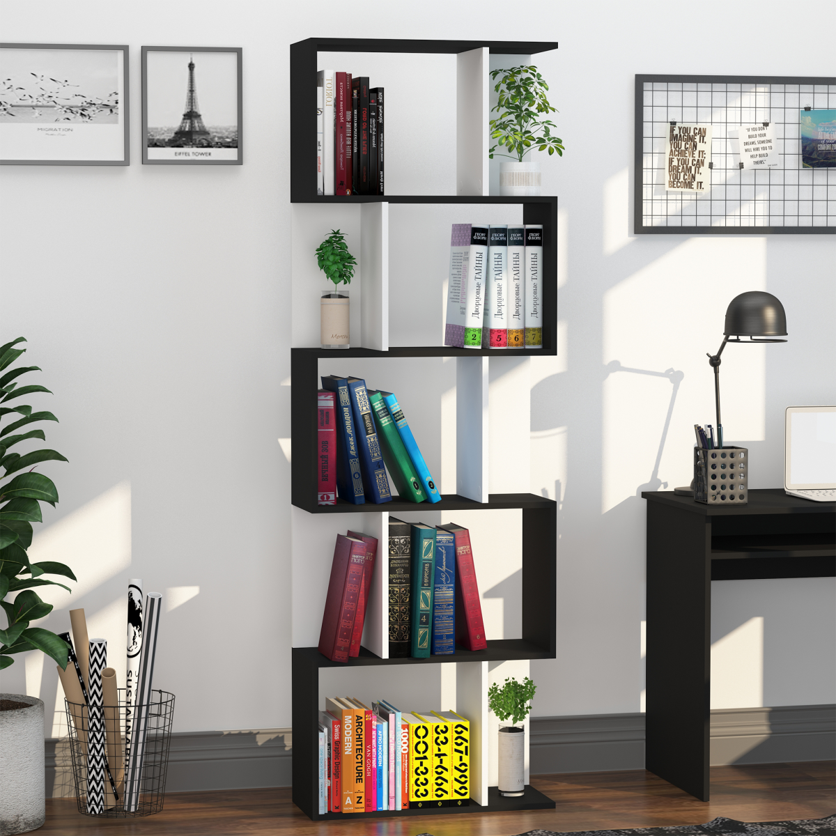 5-tier Bookcase Storage Display Shelving S Shape design Unit Divider Black HOMCOM