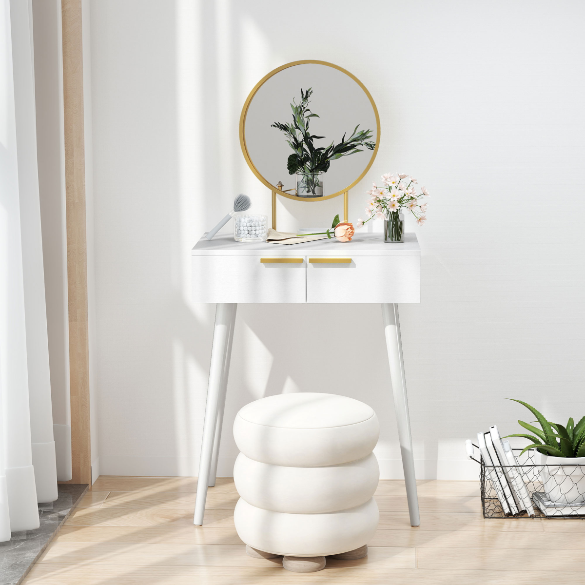 HOMCOM Modern Dressing Table w/ 2 Drawers Round Mirror for Bedroom White HOMCOM
