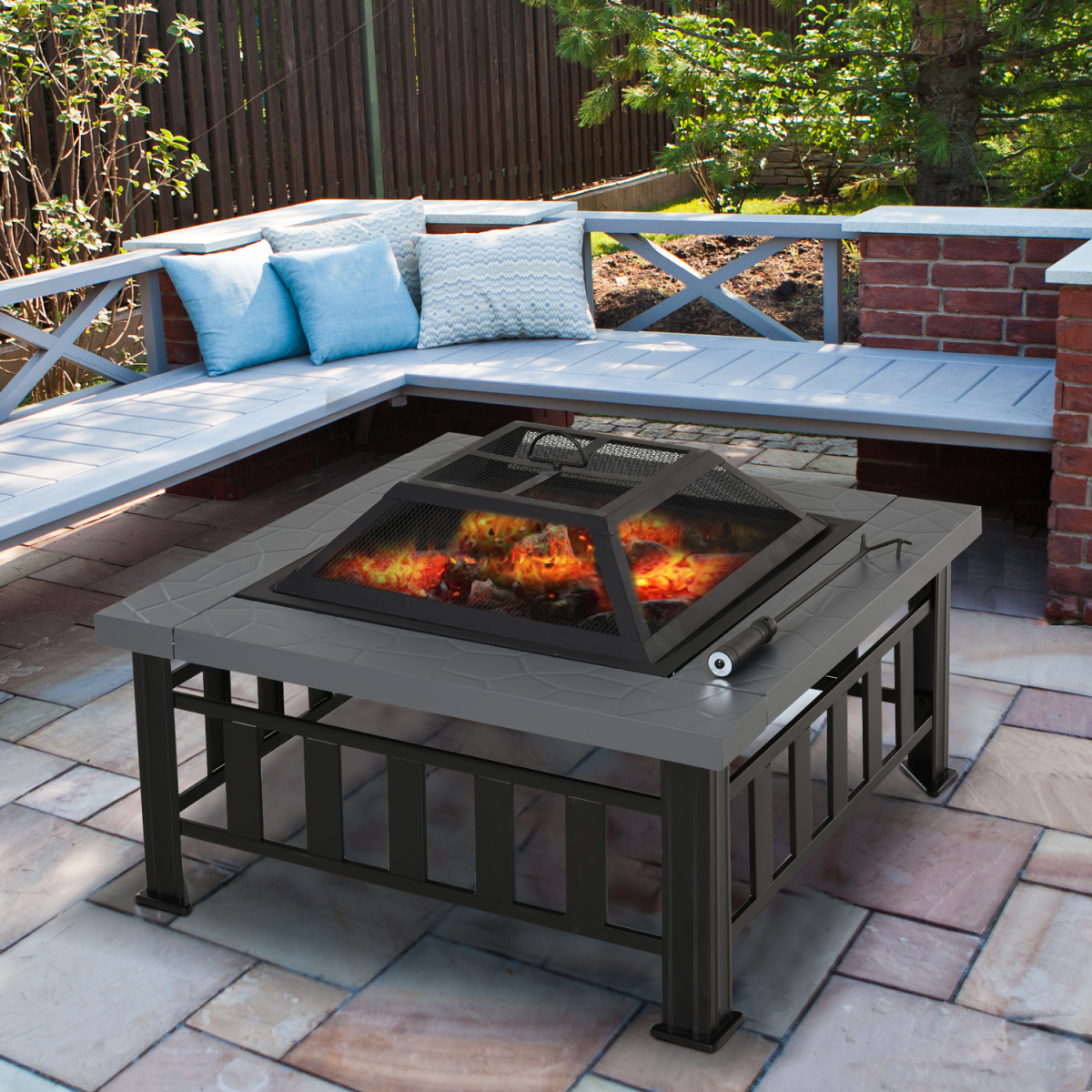 Outsunny Fire Pit, Square Shape, W/Waterproof Cover-Black/Grey HOMCOM