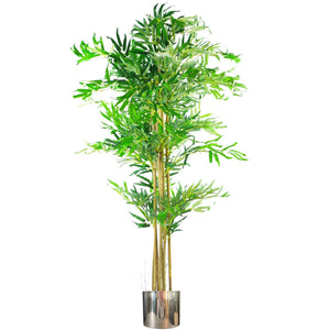 150cm (5ft) Natural Look Artificial Bamboo Plants Trees - XL with Silver Metal Planter Leaf