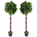 Pair of 120cm (4ft) Twisted Stem Artificial Topiary Bay Laurel Ball Trees Leaf