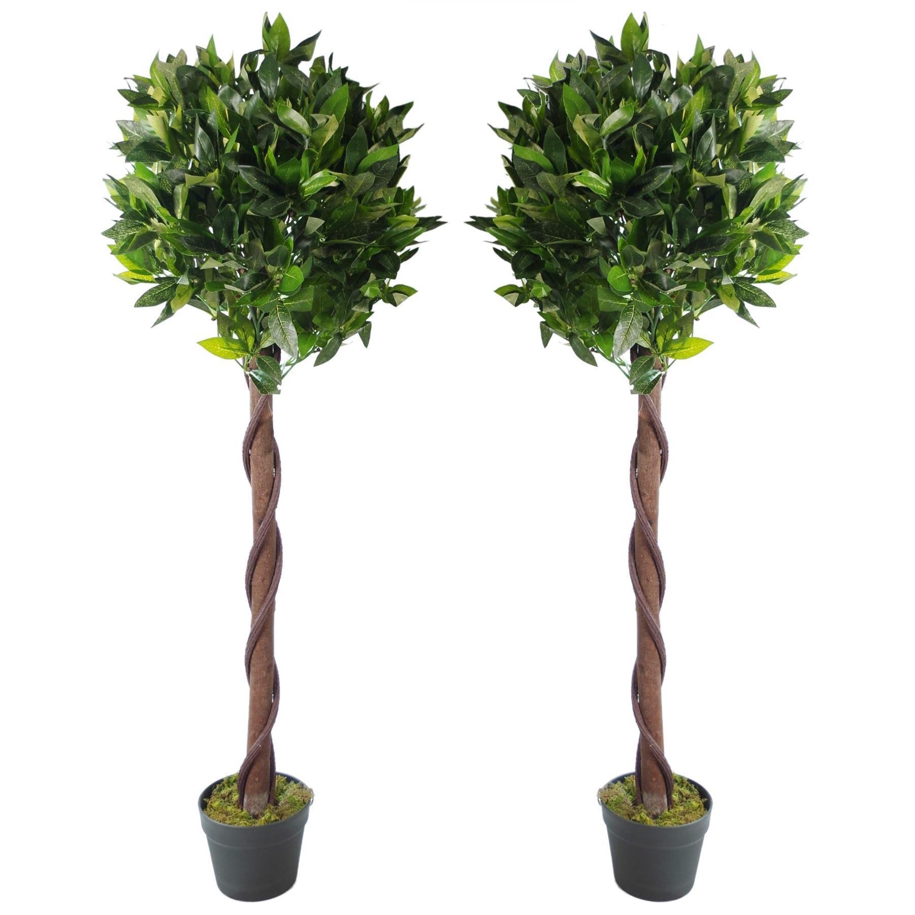 Pair of 120cm (4ft) Twisted Stem Artificial Topiary Bay Laurel Ball Trees Leaf