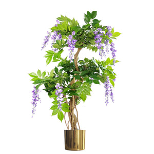 110cm Artificial Purple Wisteria Tree with Gold Metal Planter Leaf