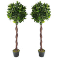 Pair of 120cm (4ft) Twisted Trunk Artificial Topiary Bay Laurel Ball Trees Leaf