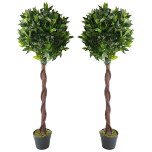 Pair of 120cm (4ft) Twisted Trunk Artificial Topiary Bay Laurel Ball Trees Leaf