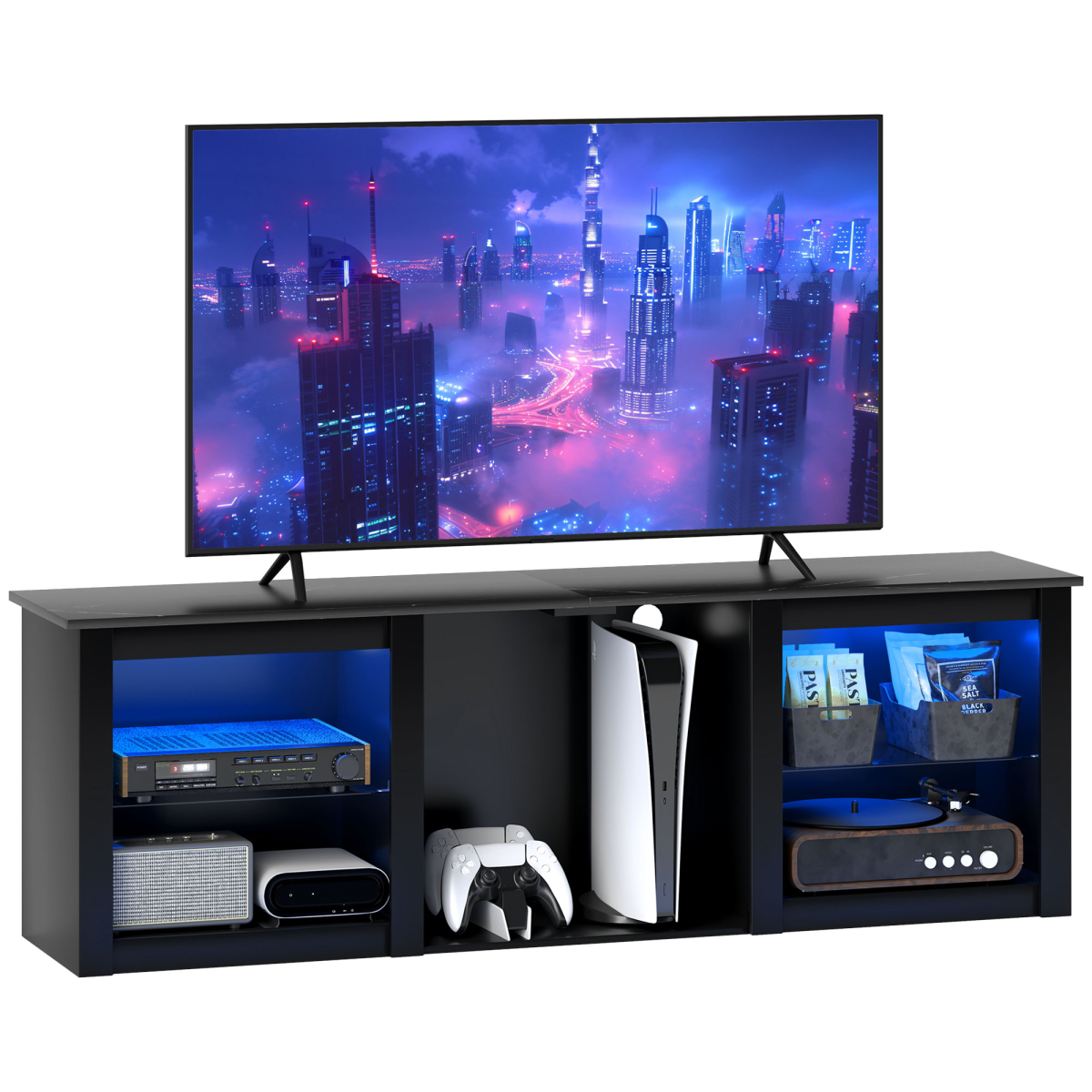 HOMCOM 160cm TV Unit w/ LED Lights for 65" TV Modern TV Stand Cabinet Black HOMCOM