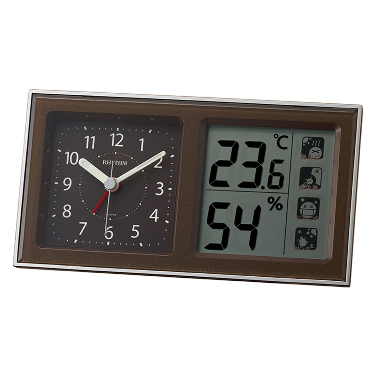 Rhythm LCD Alarm Clock with Environment Alert Display Brown Widdop
