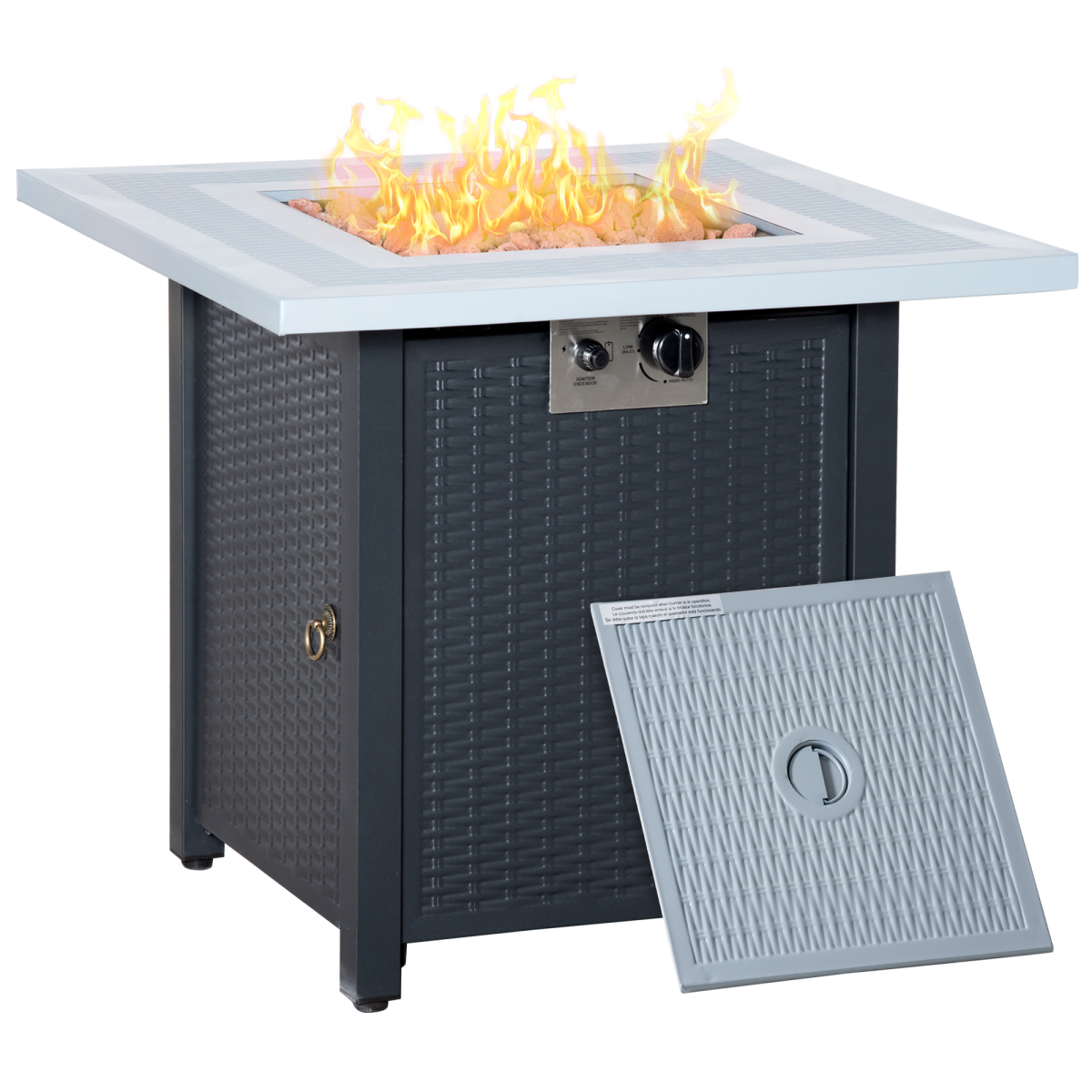 Square Propane Gas Fire Pit Table Rattan Smokeless Heater with Lava Rocks & Lid Outsunny