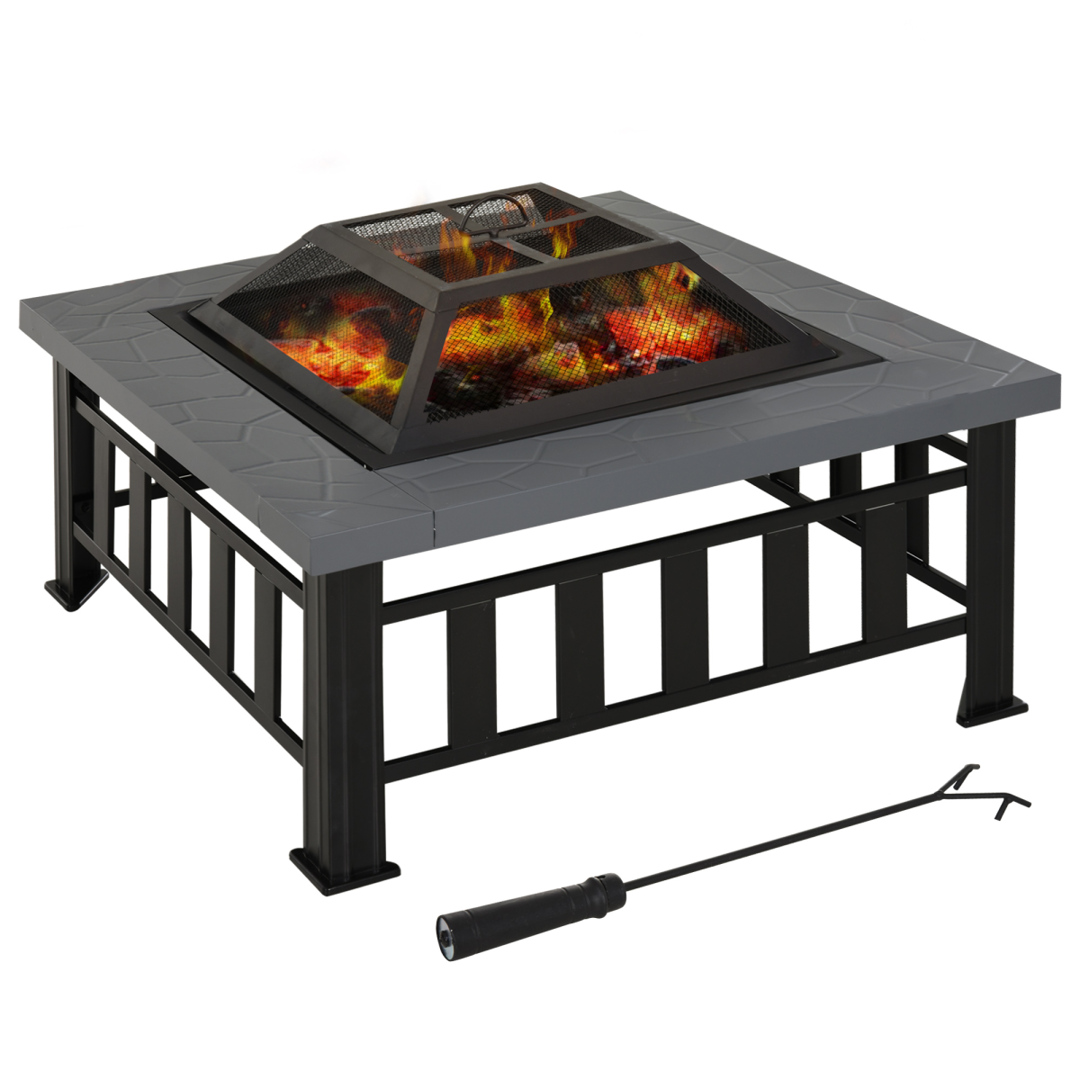Outsunny Fire Pit, Square Shape, W/Waterproof Cover-Black/Grey HOMCOM